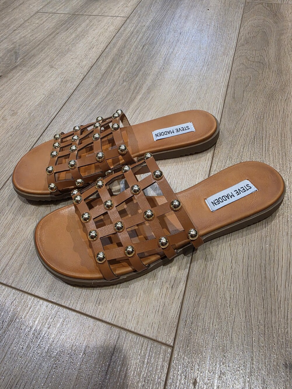 Steve Madden Tan Brown Studded Cage Slide Sandals Women’s 7.5